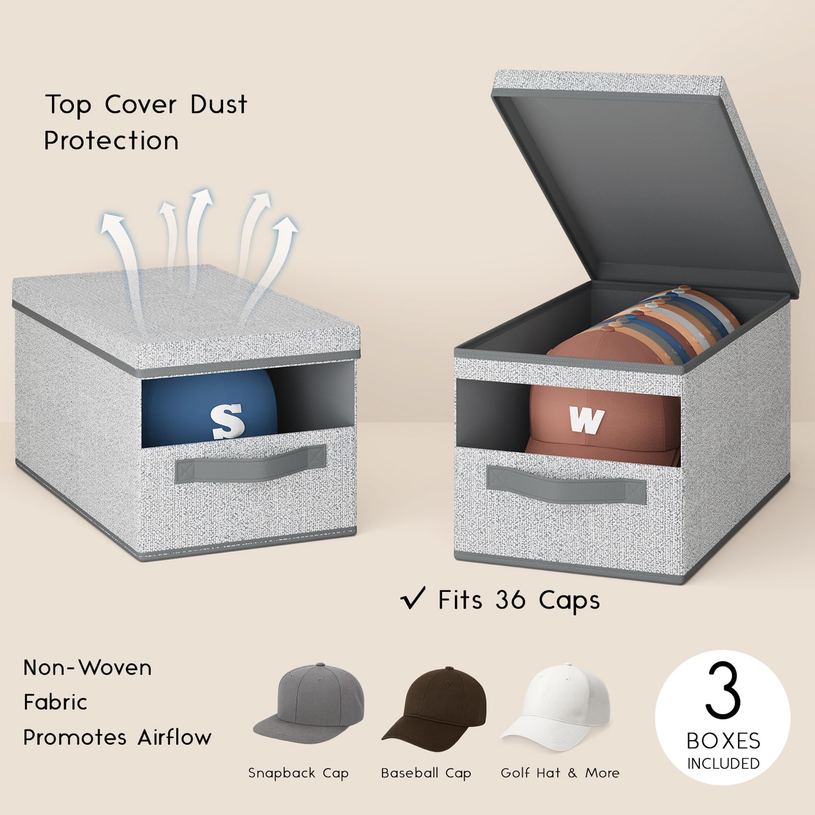 Homsorout Hat Organizer for Baseball Caps - 3 Pack Stackable Foldable Protective Lids Hat Storage Box with Clear Window Baseball cap organizer for Closet, Bedroom, Rv, Grey