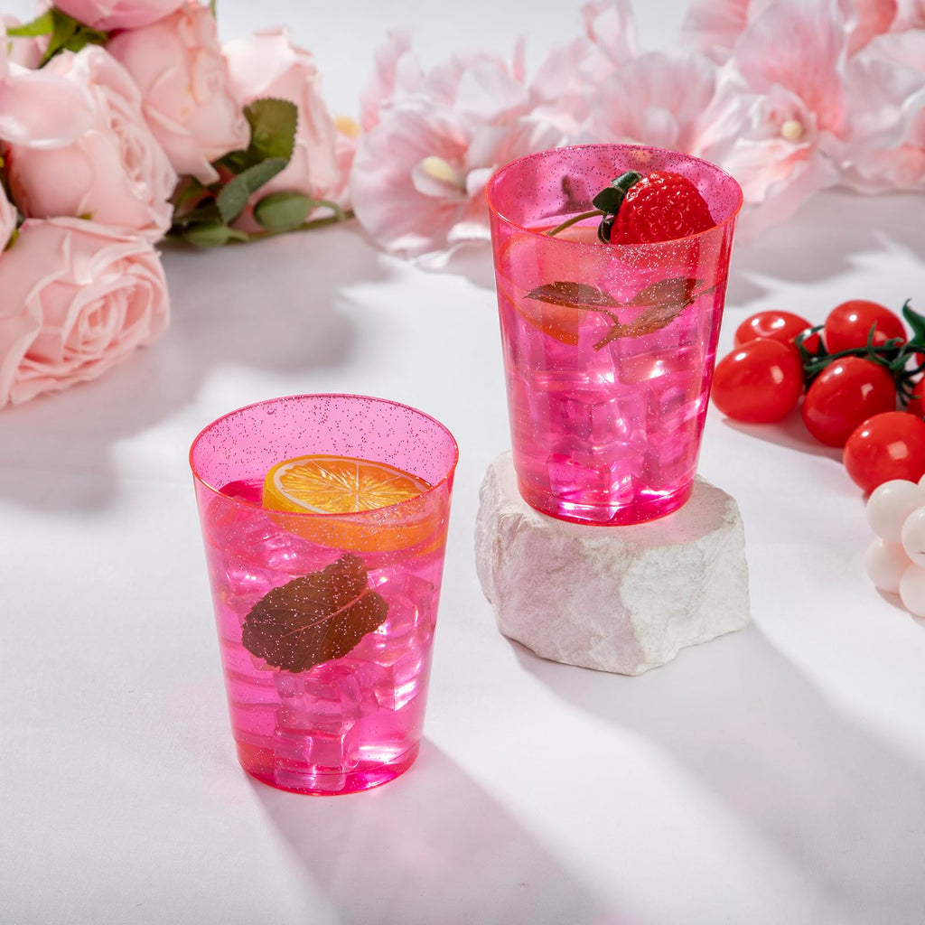 DaYammi 100 Pack 10oz Pink Plastic Cups for Party Premium Glitter Disposable Plastic Cup for Martini and Cocktail, Hard Pink Disposable Cups for Wedding,pink cups for Mother's Day Party