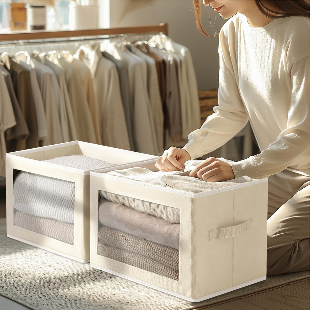 Homsorout Storage Bins with Lids - Fabric Closet Storage Bins with Window, Collapsible Baskets for Shelves 4 Pack, Home Decorative Boxes for Clothes, Closet, Office, Grey