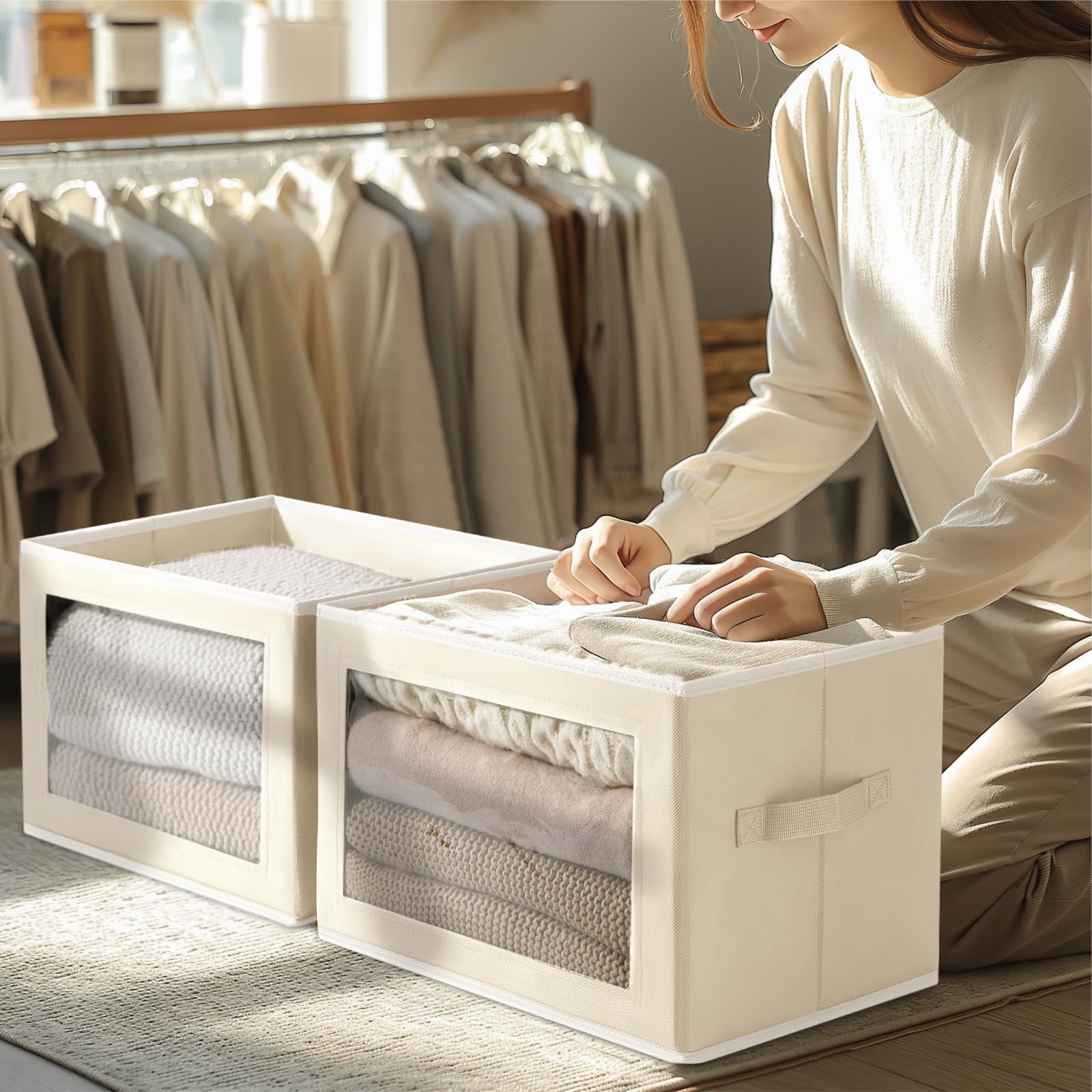 Homsorout Storage Bins with Lids - Fabric Closet Storage Bins with Window, Collapsible Baskets for Shelves 4 Pack, Home Decorative Boxes for Clothes, Closet, Office, Grey