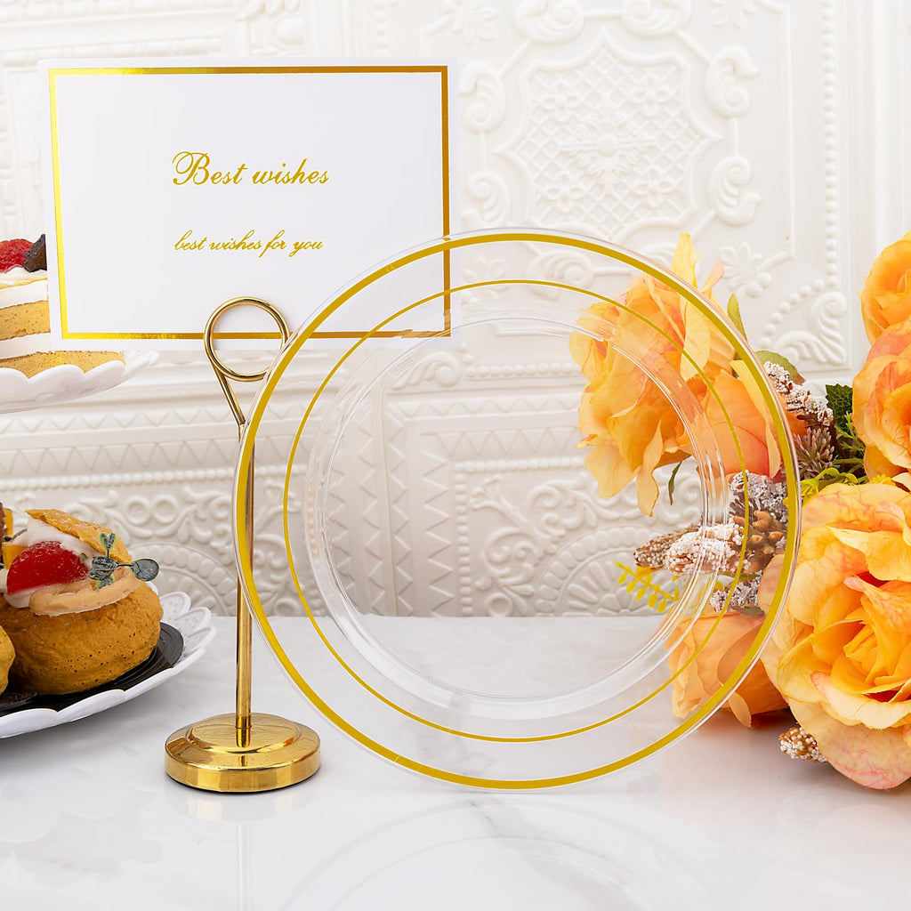 DaYammi 240Pcs Dessert Plates Include 120Pcs Gold Cake Plates 6.3inch with 120Pcs Gold Plastic Forks 5.7inch,Clear gold plates Disposable Salad Plate for Party Appetizer Plate for Wedding Birthday