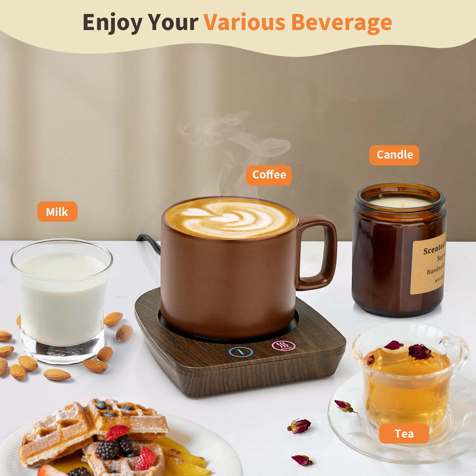 VOBAGA Imitation Wood Grain Coffee Cup Warmer & Mug Warmer for Desk, Electric Coffee Warmer Plate with 3-Temp Settings for Tea, Cocoa, Milk with Auto Shut Off After 4 Hours, Coffee Gifts for Women Men
