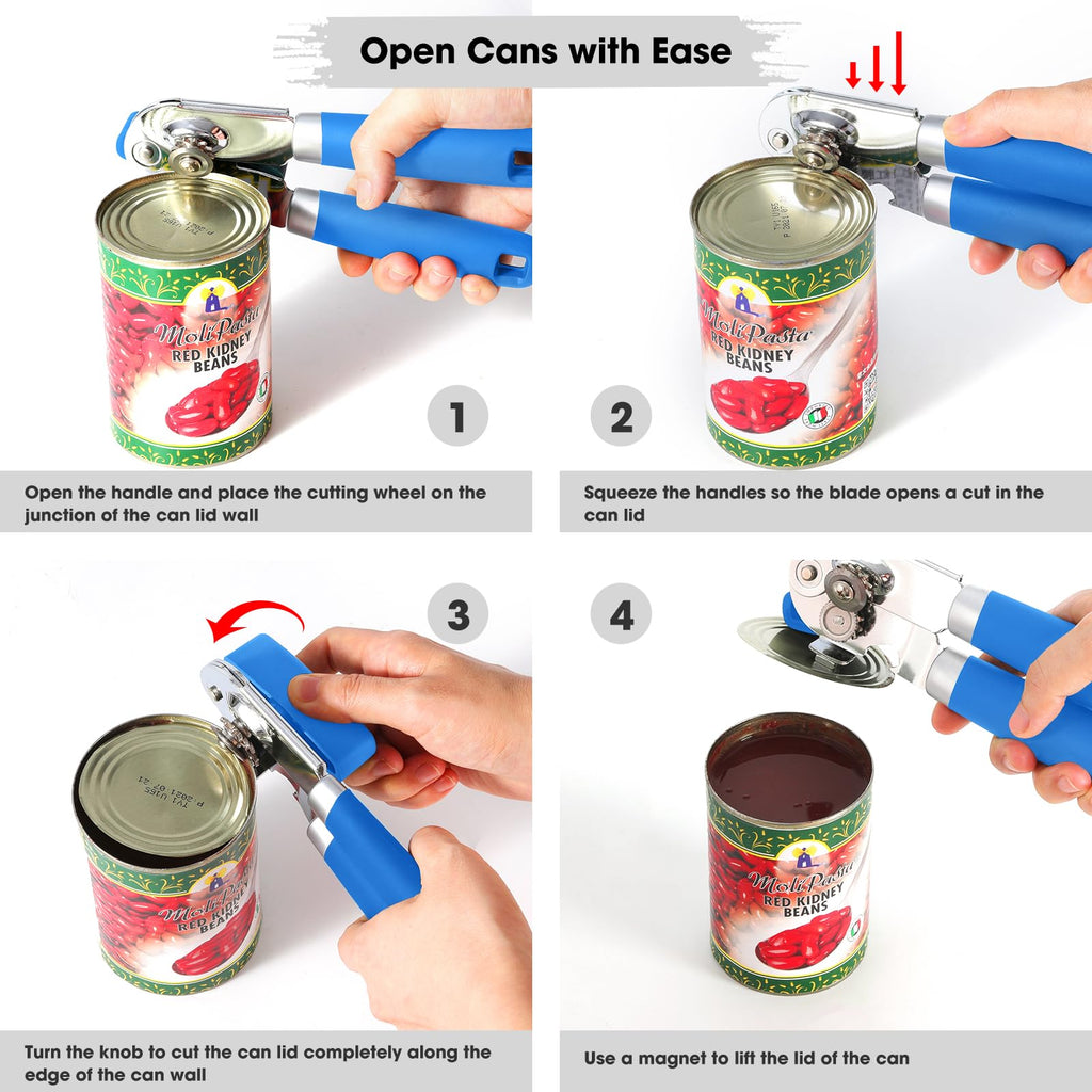 Beneno Heavy Duty Hand Can Opener Manual with Magnet, Durable Sharp Carbon Steel Blade Smooth Cutting, Big Effort-Saving Knob & Soft Grip Handle, Multifunctional Kitchen Tool with Bottle Opener, Green