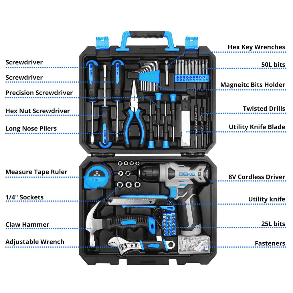 DEKOPRO Tool Set：Tool Kit with 8V Cordless Drill,Tool Box with Drill,Hand Drill Set for Men & Women,Home Tool Kits for House Repair,Handyman,DIY 126 Piece