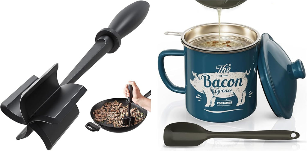 Black Meat Chopper and 46OZ Blue Bacon Grease Container