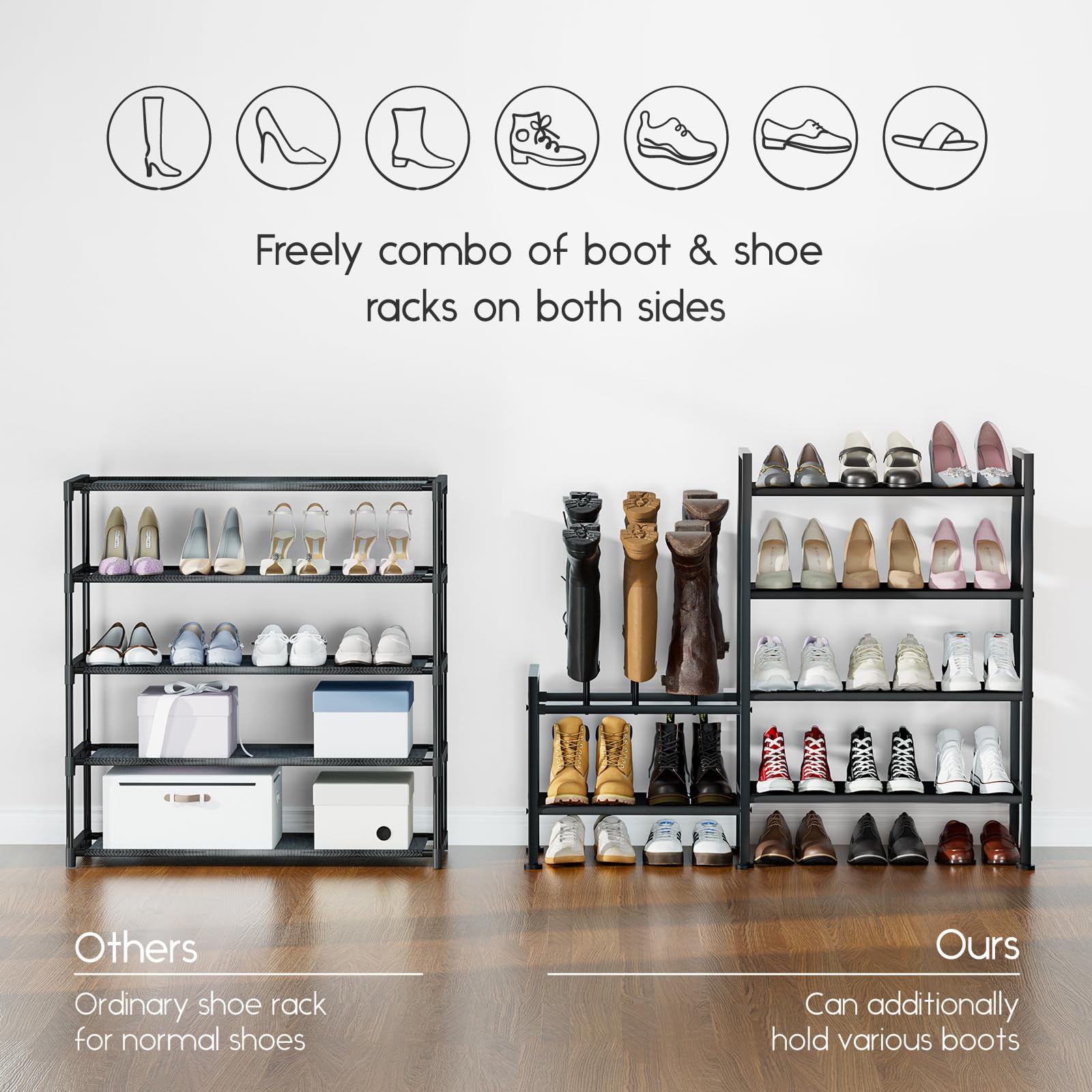 Homsorout Shoe Rack Organizer and Storage - 5 Tier Metal+Non-Woven Fabric Shoe Rack with Boot Storage & Side Any Combination - Space Saving Shoe Shelf for Entryway, Bedroom, Garage, Small Spaces