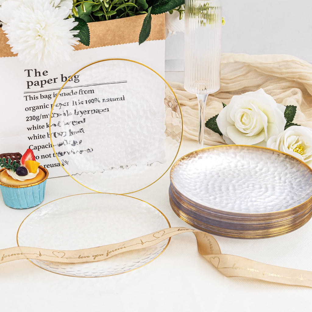 DaYammi 100 Pcs Clear Gold Plastic Plates, Hammered Party Plate, Fancy Plastic Plates Disposable Clear Disposable Dessert Platos, 7 Inch Heavy duty Plastic Dessert Platos for Party & Wedding