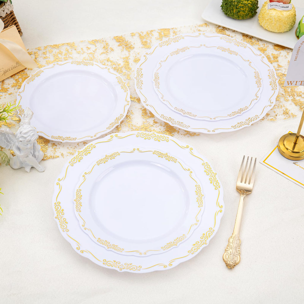 DaYammi 150Pcs Ivory Plastic Plates with Gold Rim,Disposable Plastic Plates Include 30 Dinner Plate,30 Salad Plate,30 Forks,30 Spoons,30 Knives,Ivory and Gold Plates for Party,Wedding,Mother's Day