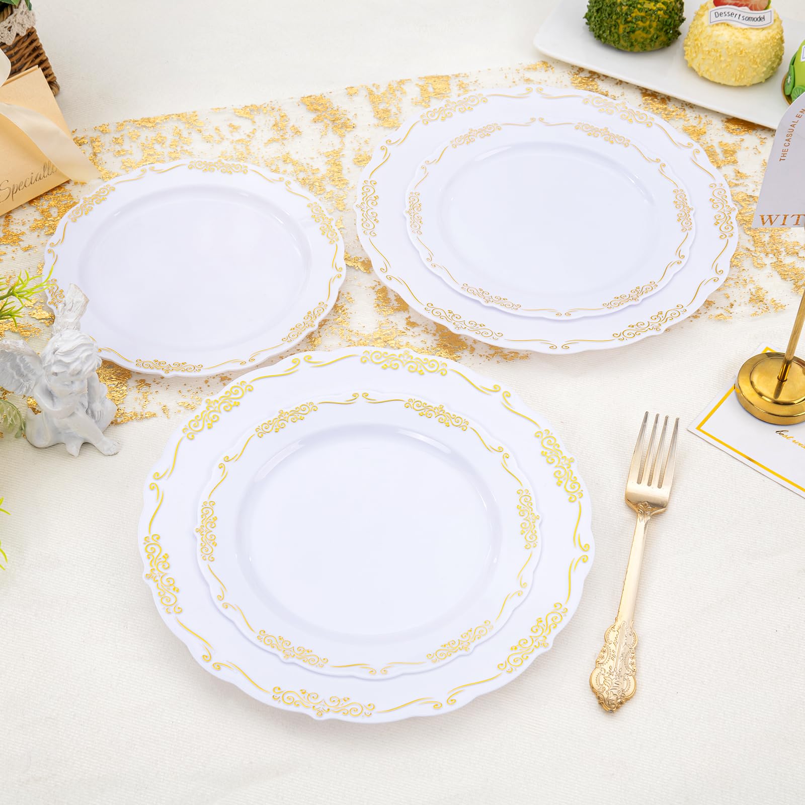 DaYammi 150Pcs Ivory Plastic Plates with Gold Rim,Disposable Plastic Plates Include 30 Dinner Plate,30 Salad Plate,30 Forks,30 Spoons,30 Knives,Ivory and Gold Plates for Party,Wedding,Mother's Day