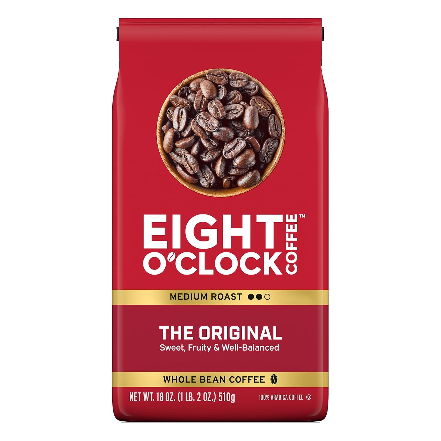 Eight O'Clock Coffee The Original, Medium Roast Whole Bean Coffee, 100% Arabica, Kosher Certified, 18 Ounce (Pack of 1)