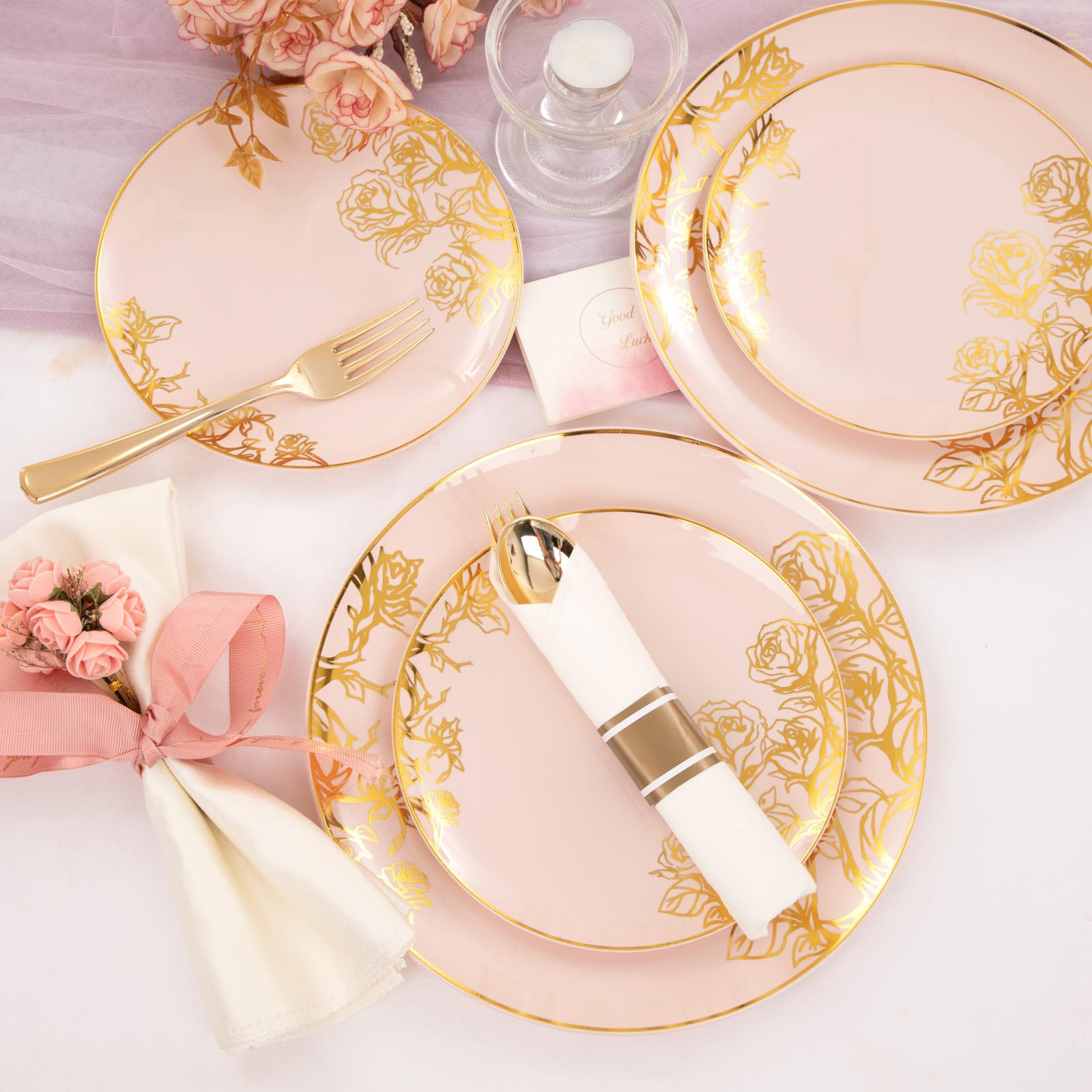DaYammi 210Pcs White Gold Plastic Plates for Party,Gold Disposable Dinnerware Set Includes 60 gold Floral Plates,30 Plastic Silverware,30 Per Rolled Napkins,30 Cups for Mother's Day Party Wedding