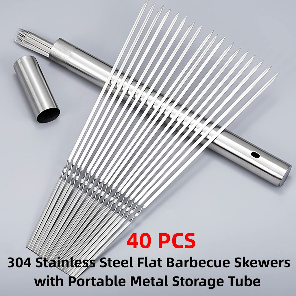 WILLBBQ 304 Stainless Steel 13.2" Long Flat Barbecue Skewers,20PCS/40PCS BBQ Kebab Skewers with Portable Metal Storage Tube,Reusable for Grilling Barbecue Kitchen Party and Outdoor Cooking (20PCS)