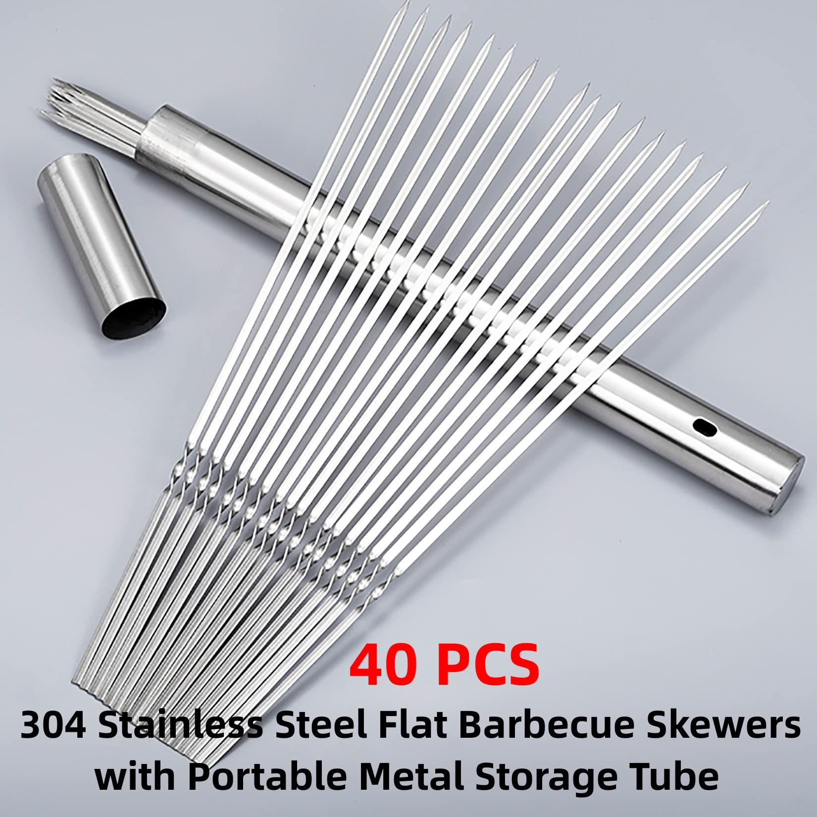 WILLBBQ 304 Stainless Steel 13.2" Long Flat Barbecue Skewers,20PCS/40PCS BBQ Kebab Skewers with Portable Metal Storage Tube,Reusable for Grilling Barbecue Kitchen Party and Outdoor Cooking (20PCS)