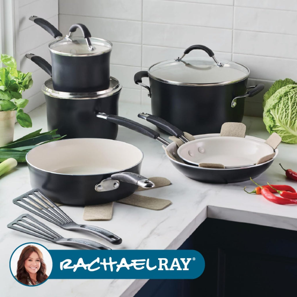 Rachael Ray - 16802 Rachael Ray Cucina Nonstick Cookware Pots and Pans Set, 12 Piece, Sea Salt Gray