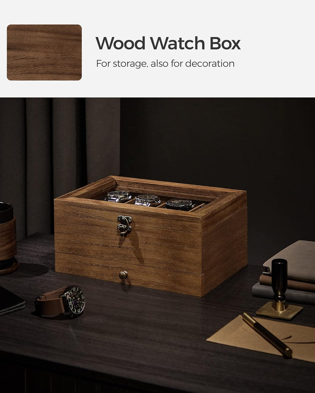 SONGMICS 8-Slot Watch Box, 2-Tier Watch Display Case with Large Glass Lid, Removable Watch Pillows, Velvet Lining, Jewelry Box, Gift Idea, Rustic Walnut UJOW008K01