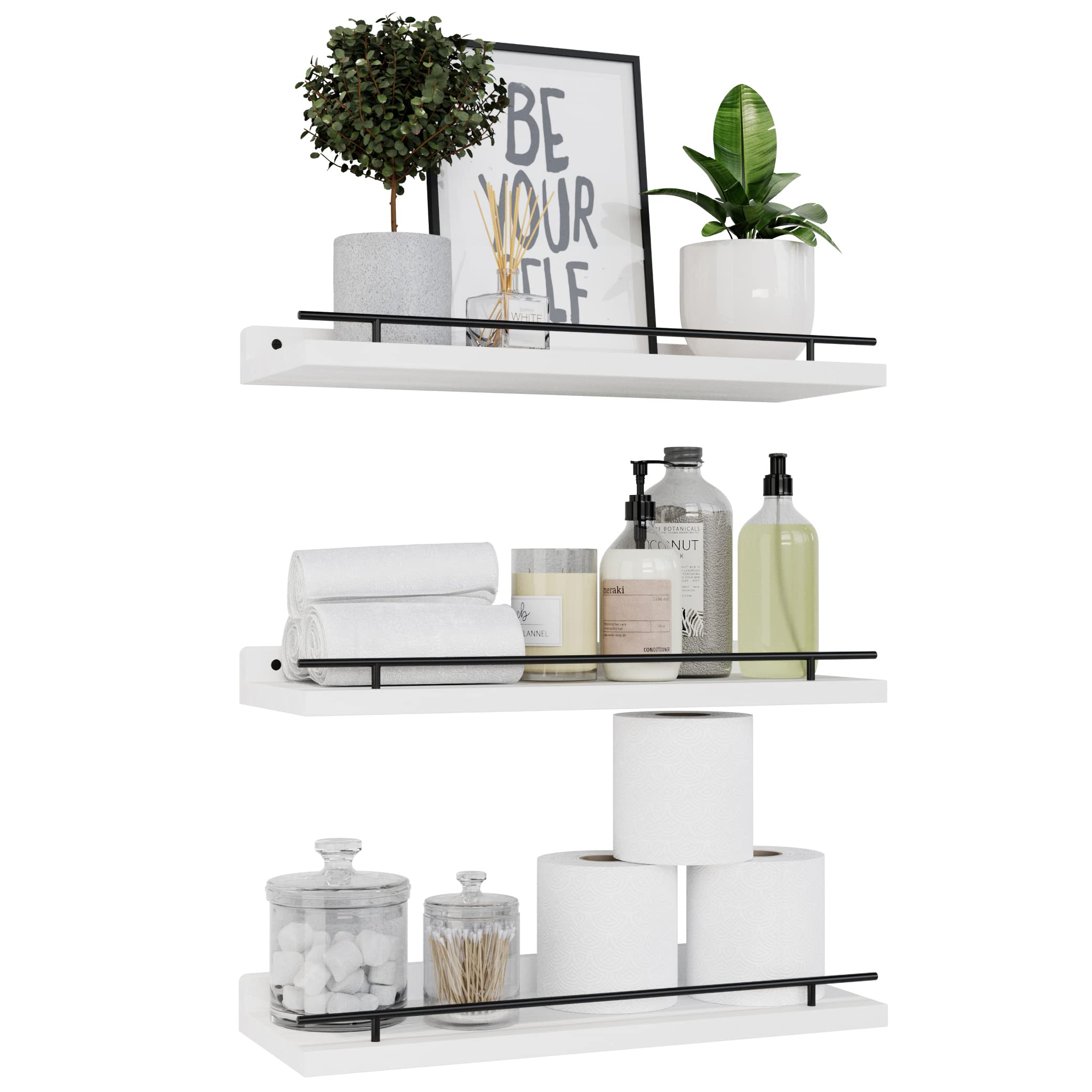 WOPITUES Floating Shelves with Black Metal Guardrail, Shelves for Wall Decor Set of 3, Wall Shelves for Bedroom, Bathroom, Kitchen, Living Room, Plants, Picture Frames, Art- Black