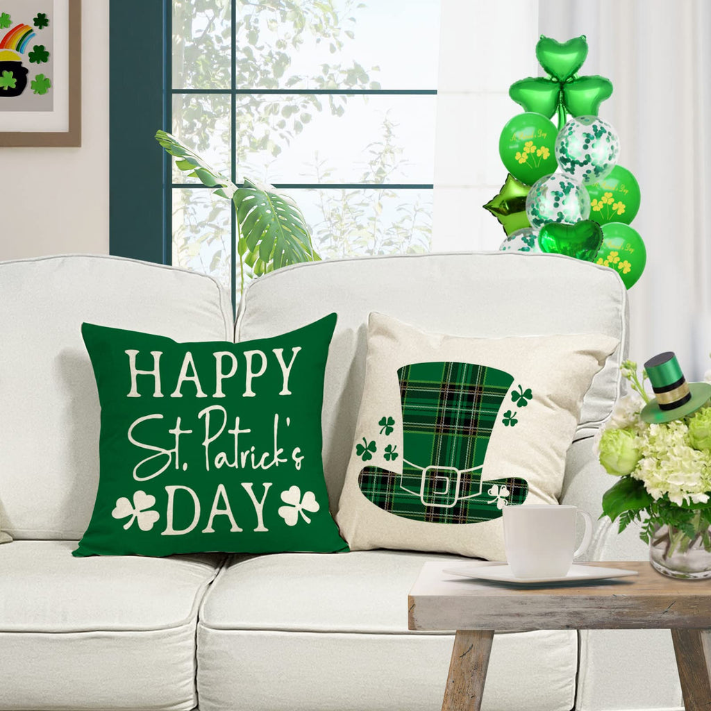 YCOLL St Patricks Day Decorations Throw Pillow Covers 18x18 Set of 4 Scottish Tartan Plaid St Patricks Day Hat Farmhouse Classic Decorative Square Cushion Cases for Sofa Couch