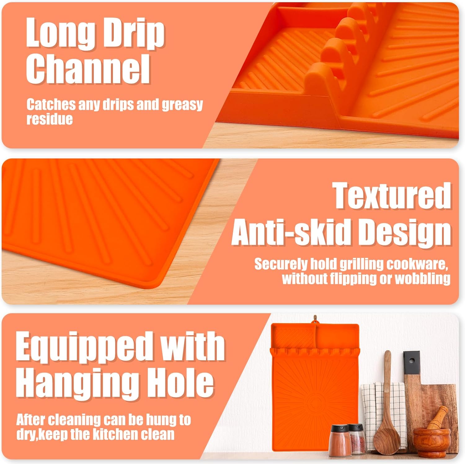 Silicone Grill Mat, Large Size Silicone Side Shelf Griddle Tools Spatula Mat with Drip Pad for Outdoor Grill Kitchen Countertop, Reusable Black-stone Griddle Accessories, Orange