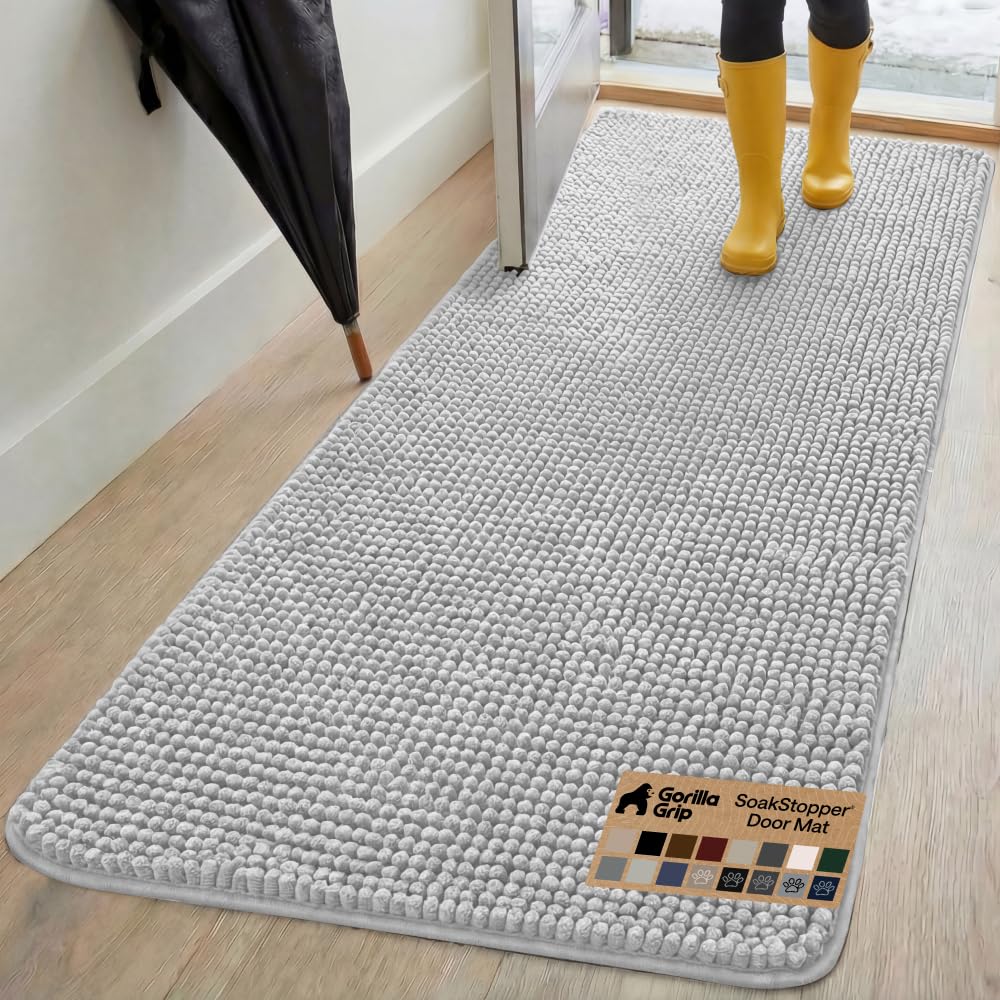 GORILLA GRIP SoakSTOPPER Dog Door Mat, Machine Washable Rug Absorbent Doormat Captures Moisture Mud Dirt, Quick Dry Soft Chenille Entryway Rugs Indoor Entrance Mats for Dog Paws, 24x17 Grey