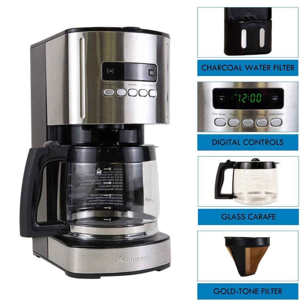 Kenmore Drip Coffee Maker - Programmable Cafe Machine With Glass Pot, Regular & Bold Brew, Auto Shut Off Large Water Reservoir, Reusable Filter, Kitchen Appliances For Cafeteria Barista, 12 Cup Black