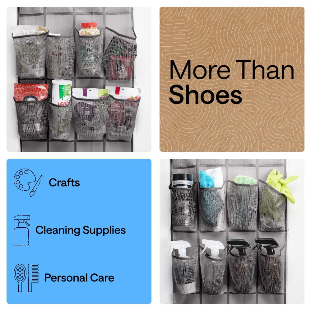 GORILLA GRIP Over the Door Shoe Organizer, 24 Large Breathable Mesh Pockets, Space Saving Hanging Storage Holder, Closet Rack Hanger Holds Up to 40 lbs, Hangs on Closets for Shoes, Accessories, Black