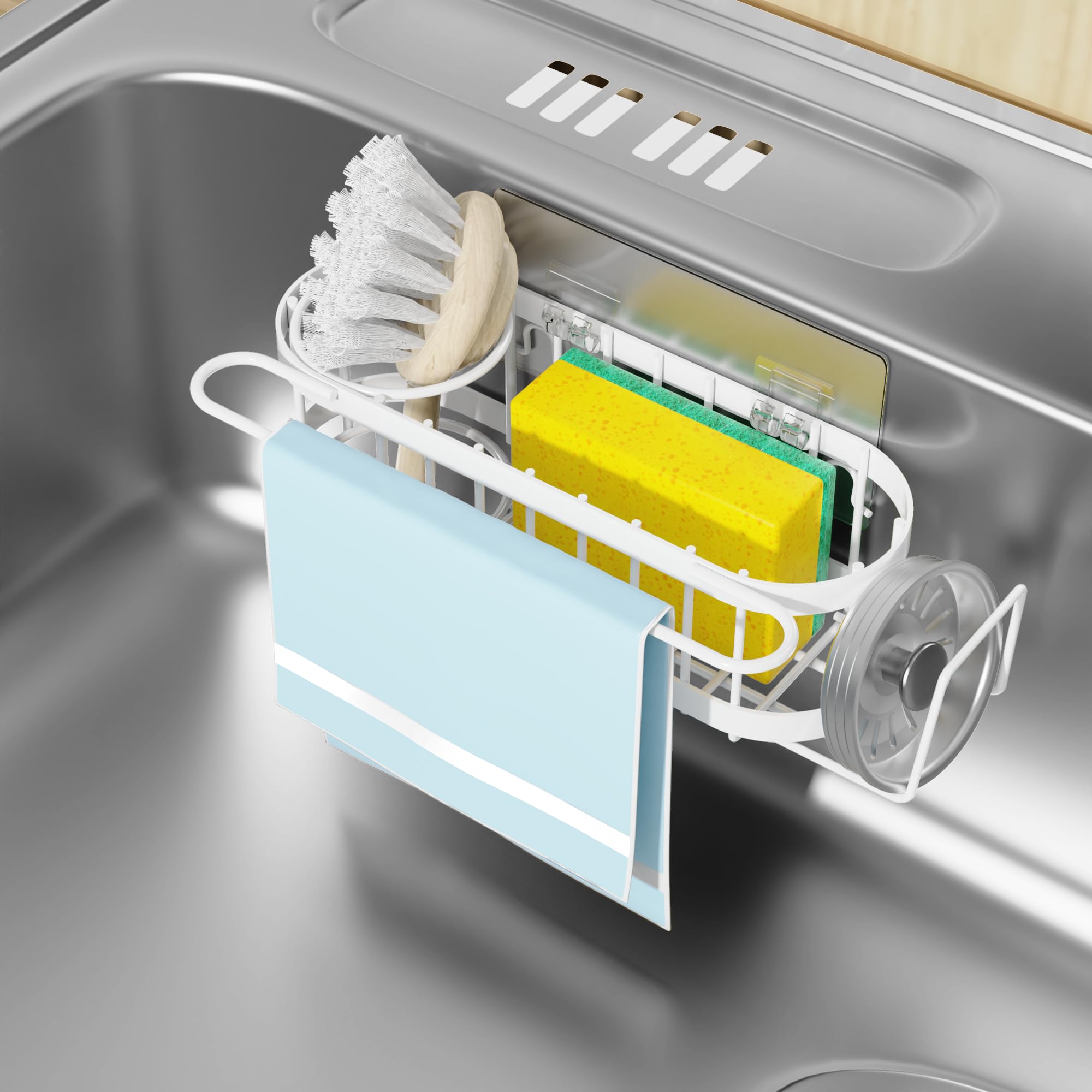 Cisily Organizador de Fregadero de Cocina con Soporte para Esponja en el Fregadero, Organizador de Fregadero de Cocina de Acero Inoxidable, Soporte para Cepillo, Percha para Paños de Platos, Soporte