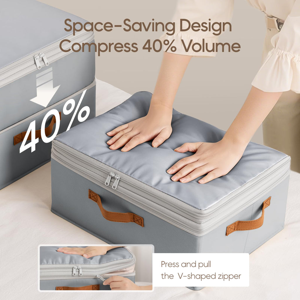 Homsorout Large Closet Storage Bins - Compression Organizer Bins, Stackable Closet Organizer, Expandable Under Bed Storage Containers for Clothes, Towels, Sheet, 2 Pack, Beige