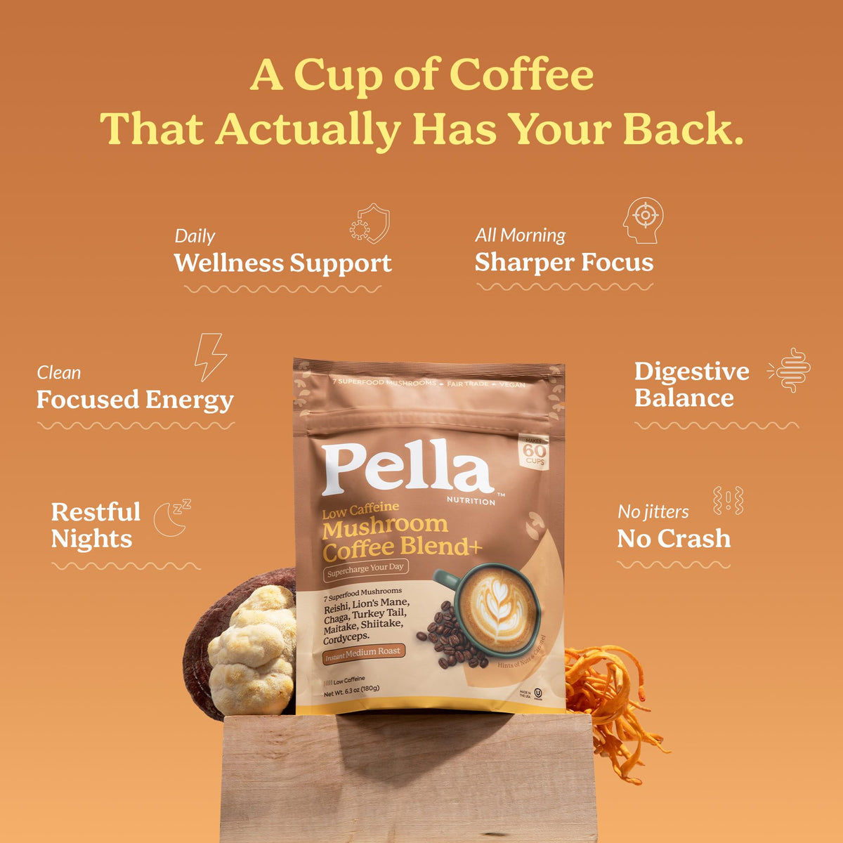 Pella Nutrition Instant Mushroom Coffee Powder - Regular Caffeine, 60 Cups