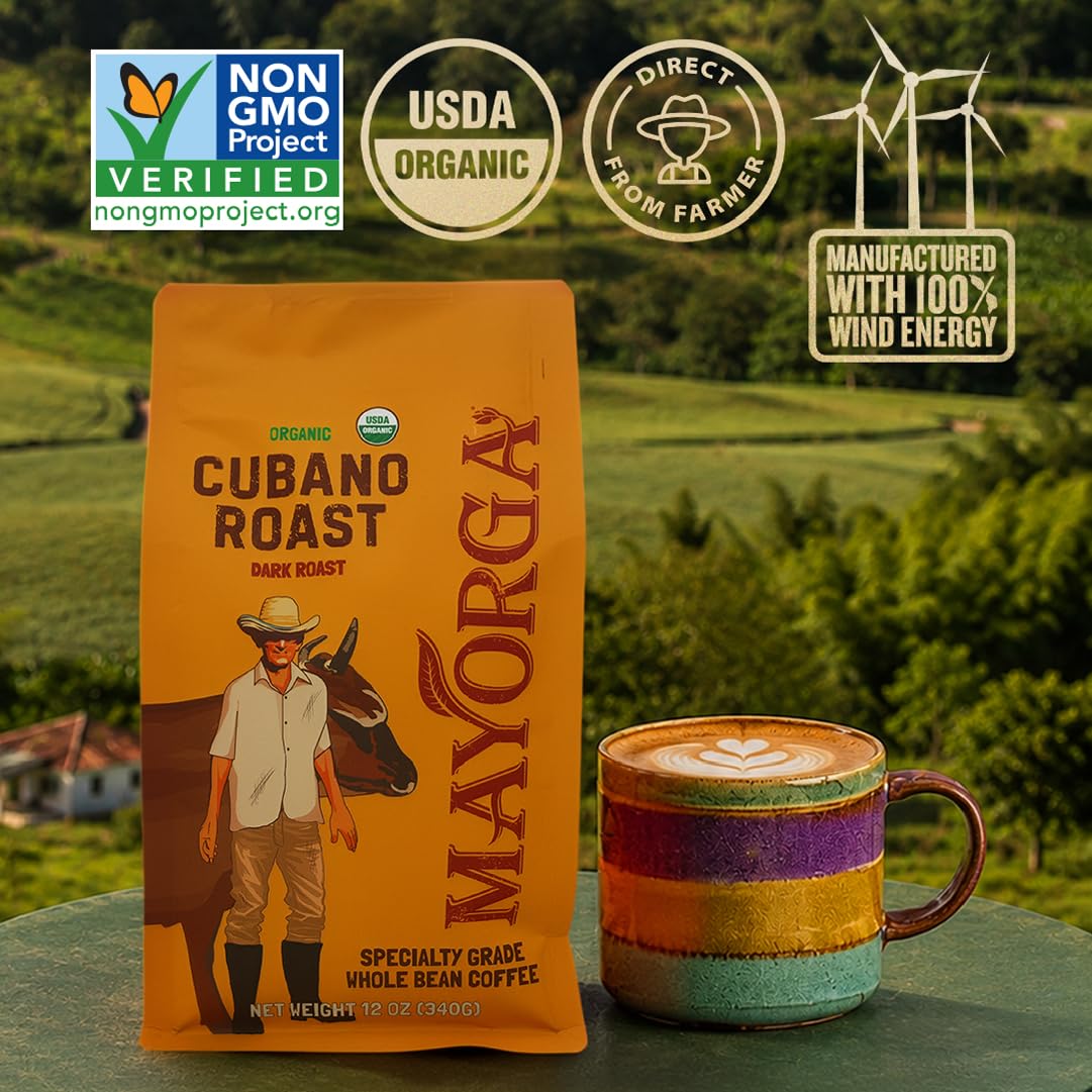 Mayorga Organic Coffee 2lb Cafe Cubano Roast - Dark Roast Whole Bean Specialty Grade Coffee, 100% Arabica, Slow Roasted, Bold and Smooth Flavor with Low Acidity - USDA Organic, Non-GMO, Kosher
