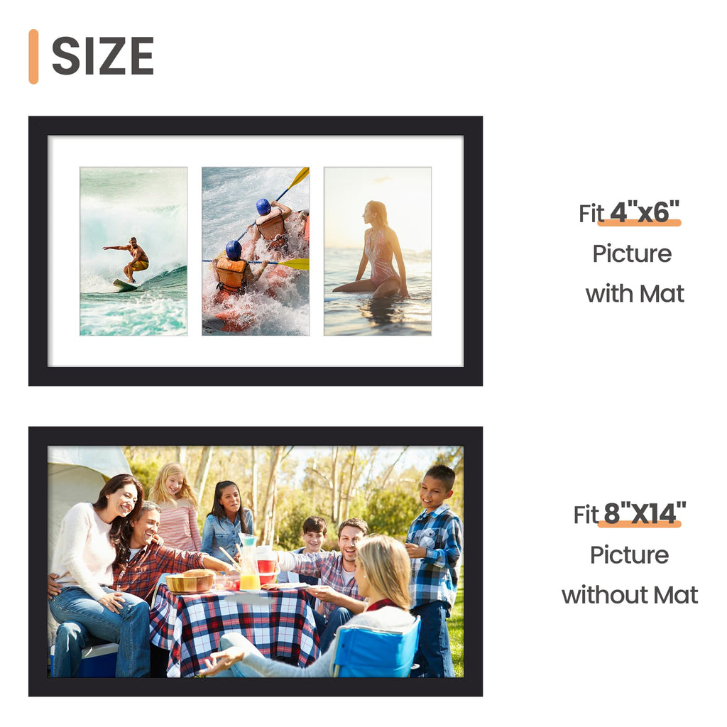 upsimples 8x16 Collage Picture Frame, Display Pictures 3 5x7 with Mat or 8x16 Without Mat, Wall Hanging 3 5x7 Picture Frame Collage Wall Decor, Black, 1 Pack