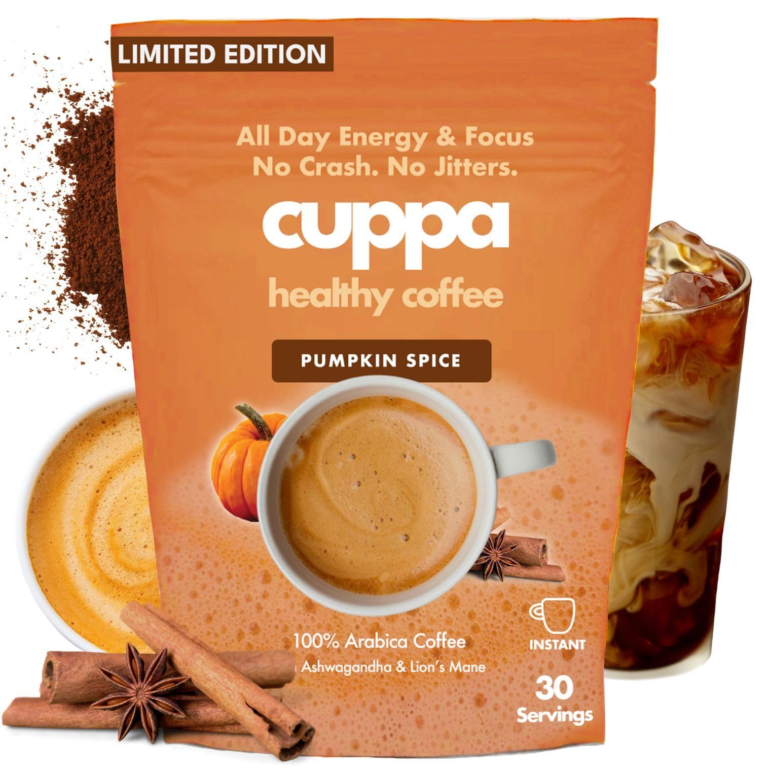 Cuppa Medium Roast Mushroom Coffee with Adaptogens & Superfoods - Lion’s Mane, Ashwagandha & Cordyceps. Adaptogens + MCT to support natural energy, mental focus & gut health (30 Servings)
