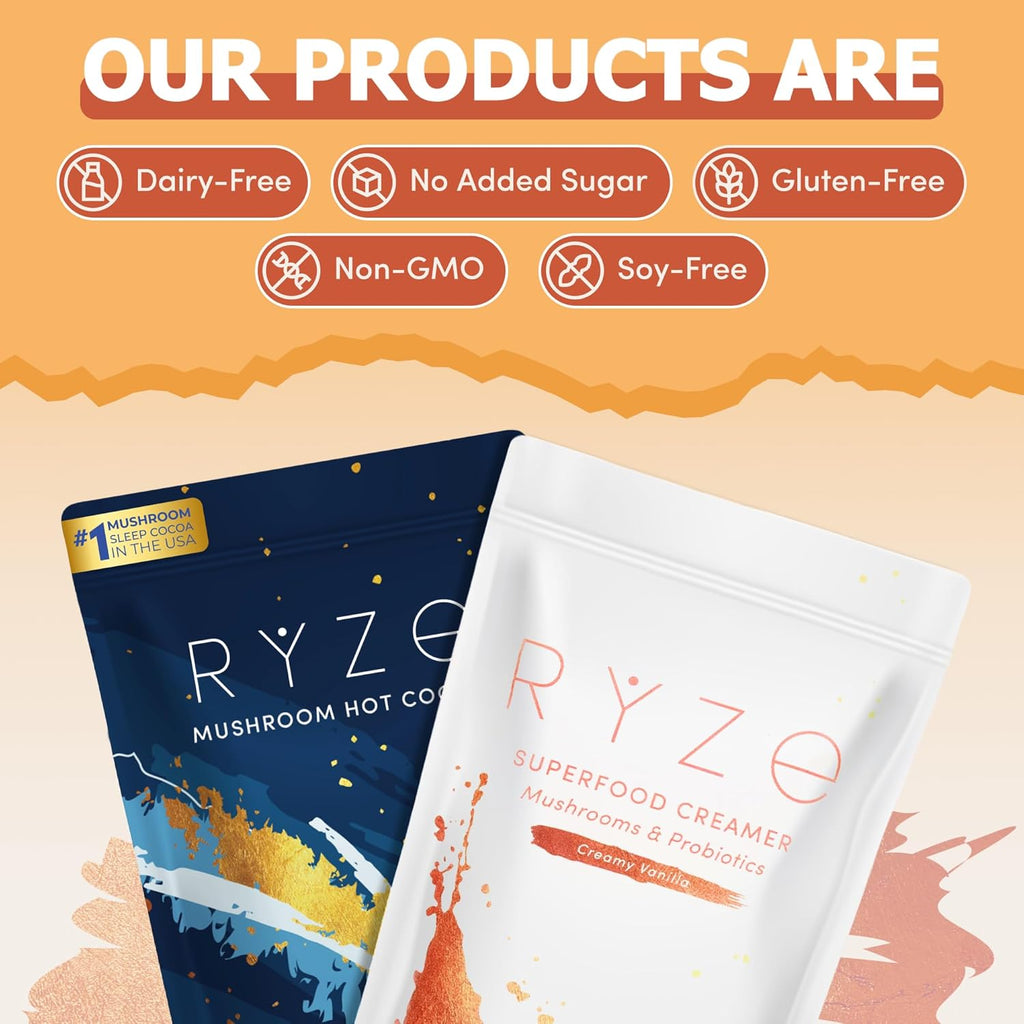 RYZE SUPERFOODS Ultimate Sleep Bundle, Mushroom Hot Cocoa + Probiotic Creamer with Adaptogenic Mushrooms, Melatonin, Probiotics, Glycine and Cacao to Help Fall Asleep and Stay Asleep, 20+30 Servings