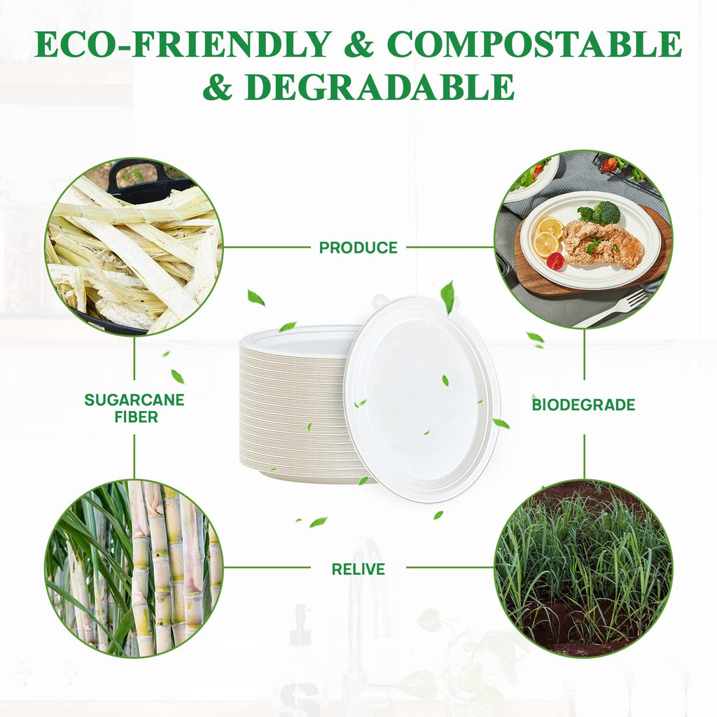 Vplus 100% Compostable Oval Paper Plates 12 inch 125 Pack Super Strong Disposable Paper Plates Bagasse Natural Biodegradable Eco-Friendly Sugarcane for BBQ, Party, Dinner, and Picnic