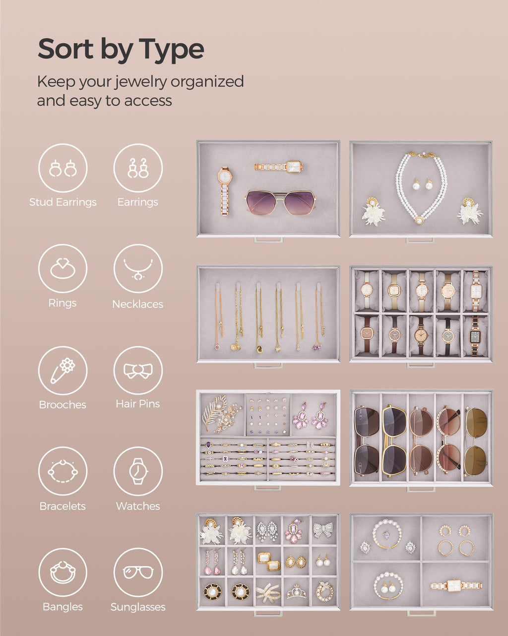 SONGMICS 3-Tier Jewelry Box, Travel Jewelry Case with Handle, 2 Drawers, Lockable Jewelry Organizer with Mirror, Jewelry Storage, Modern Style, Gift for Loved Ones, White UJBC154W01