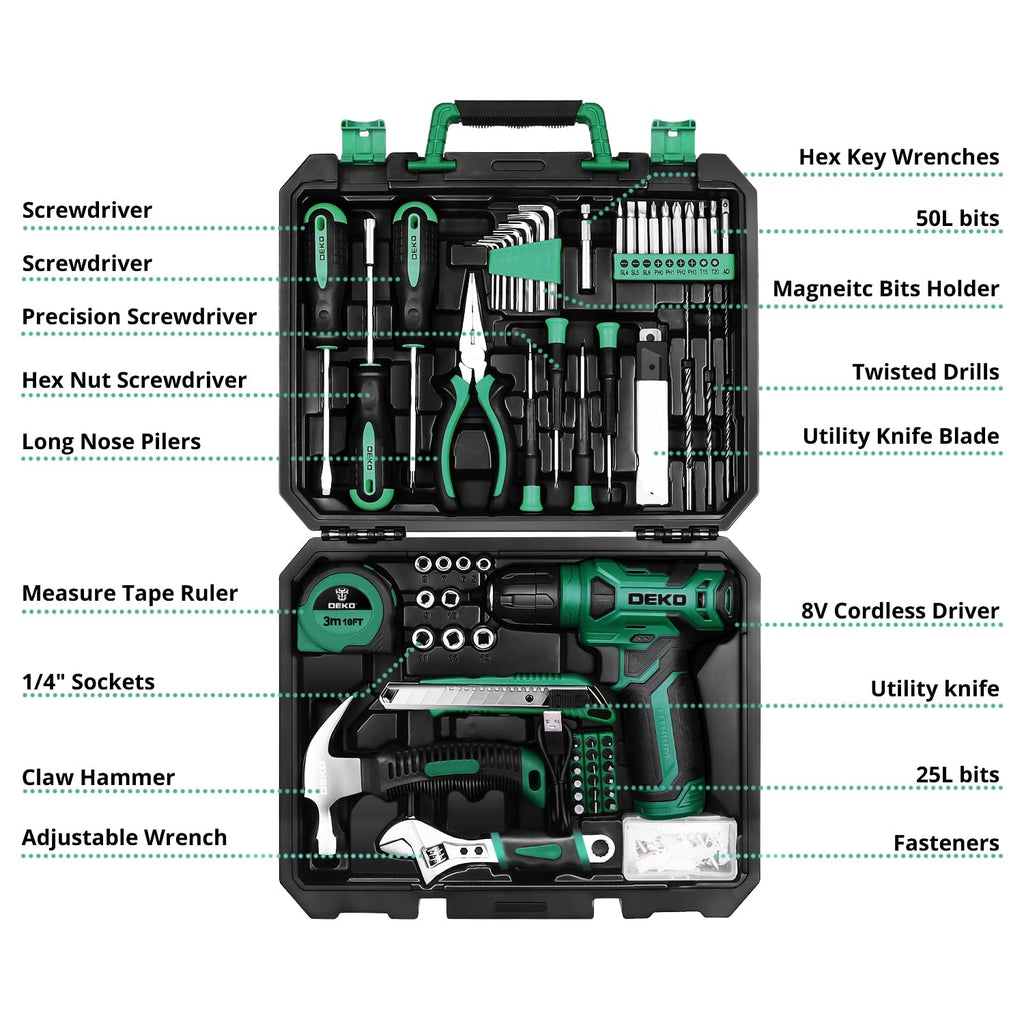 DEKOPRO Tool Set：Tool Kit with 8V Cordless Drill,Tool Box with Drill,Hand Drill Set for Men & Women,Home Tool Kits for House Repair,Handyman,DIY 126 Piece