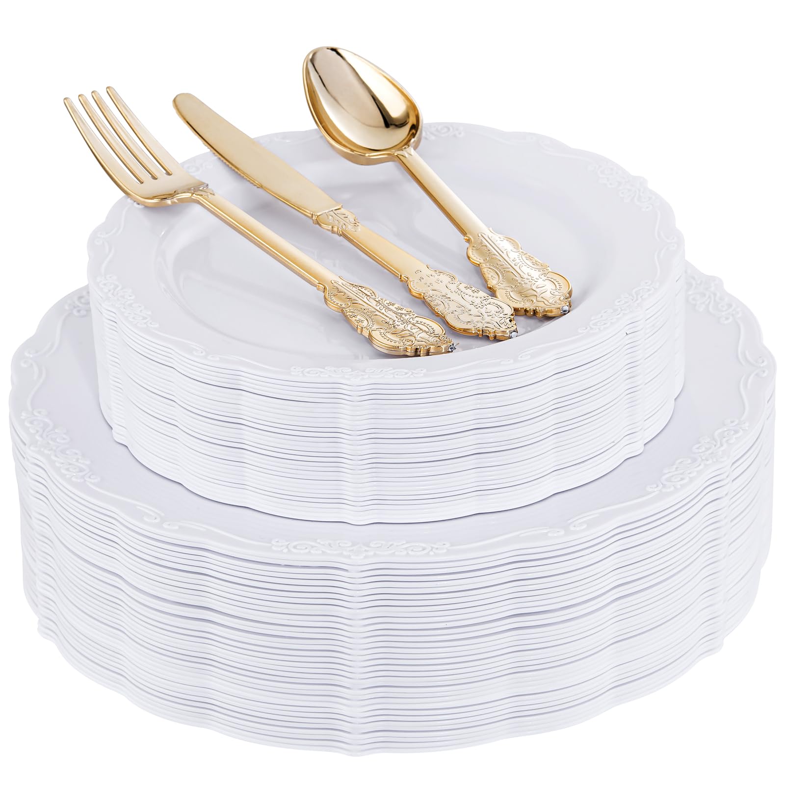 DaYammi 150Pcs Ivory Plastic Plates with Gold Rim,Disposable Plastic Plates Include 30 Dinner Plate,30 Salad Plate,30 Forks,30 Spoons,30 Knives,Ivory and Gold Plates for Party,Wedding,Mother's Day