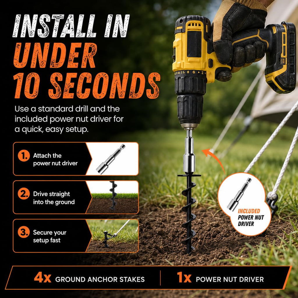 Ground Anchors Screw in Heavy Duty - 4 Pack with Power Nut Driver Drill Bit, Spiral Ground Stakes, Swing Set Anchors, Trampoline Tie Down Kit, High Wind Tent Stakes for Canopy, Car Port, RV Awning
