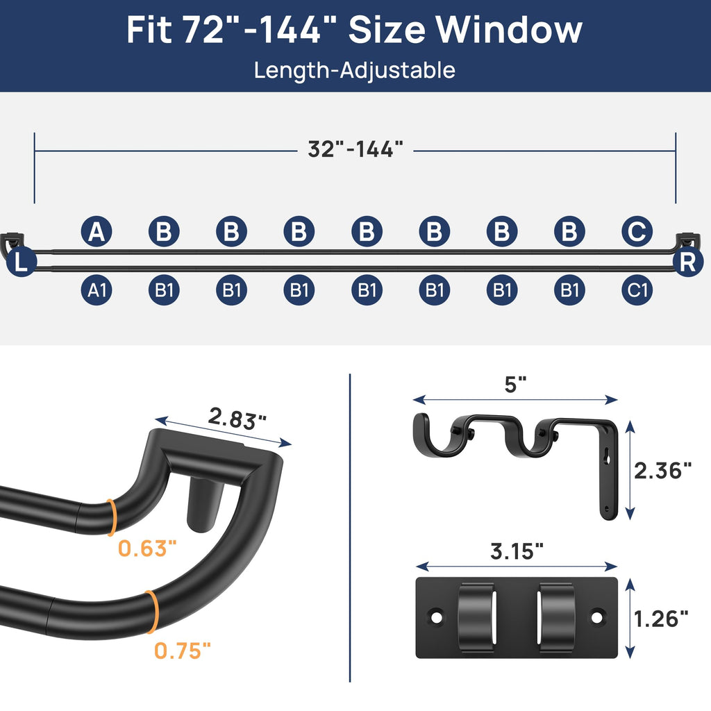 ENJOYBASICS Double Curtain Rod，Blackout Wrap-Around Curtain Rods for Windows 72 to 144 Inch，Adjustable from 32 to 144 Inch for Room Darkening Curtains, Matte Black