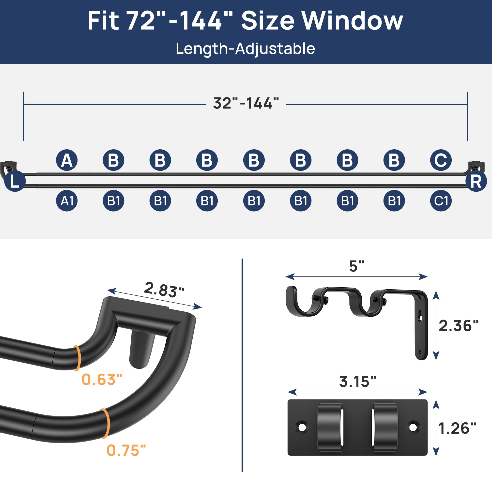 ENJOYBASICS Double Curtain Rod，Blackout Wrap-Around Curtain Rods for Windows 72 to 144 Inch，Adjustable from 32 to 144 Inch for Room Darkening Curtains, Matte Black