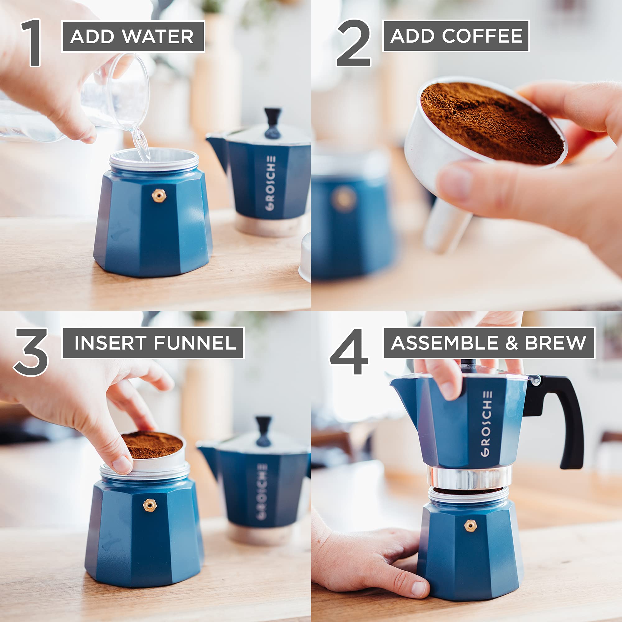 GROSCHE Milano Moka pot, Stovetop Espresso maker, Greca Coffee Maker, Stovetop coffee maker and espresso maker percolator (Grey, 6 cup)