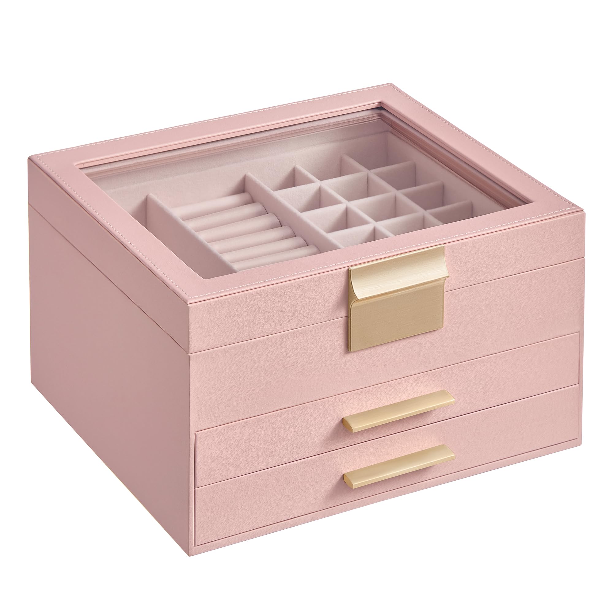 SONGMICS GISELLA Collection - Jewelry Box Organizer, 3-Layer Jewelry Storage with 2 Drawers, Shiny Metal Hardware, Glass Lid, Modern, 8 x 9.1 x 5.3 Inches, Cloud White and Gold Color UJBC239WT