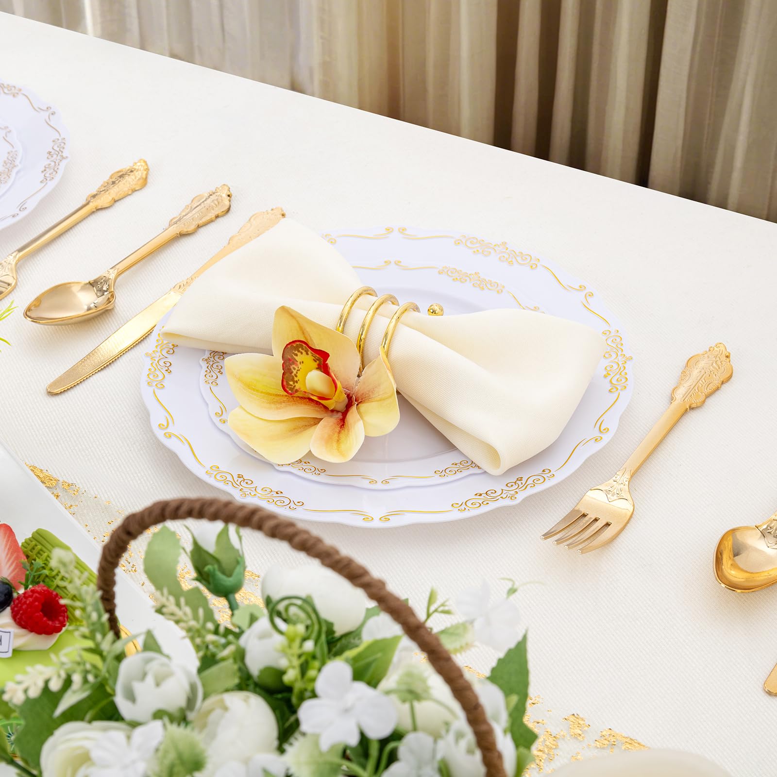 DaYammi 150Pcs Ivory Plastic Plates with Gold Rim,Disposable Plastic Plates Include 30 Dinner Plate,30 Salad Plate,30 Forks,30 Spoons,30 Knives,Ivory and Gold Plates for Party,Wedding,Mother's Day