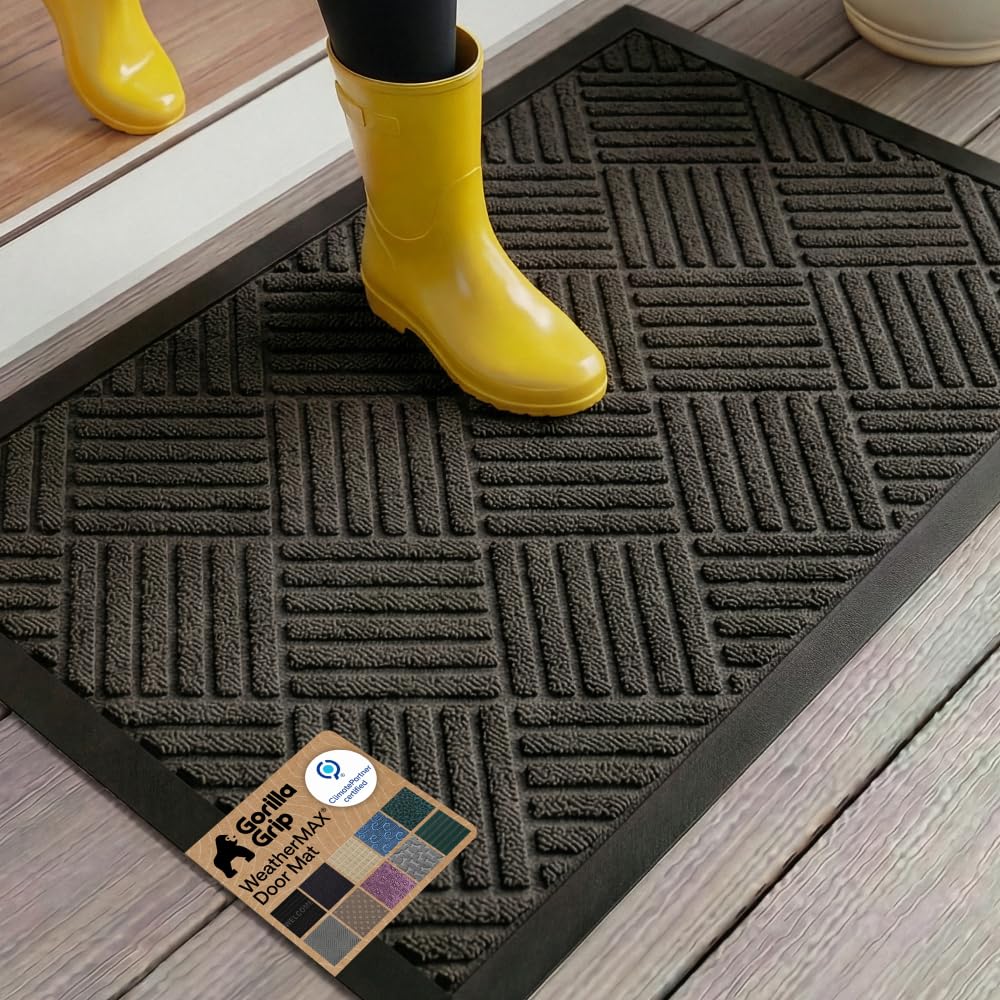 GORILLA GRIP 100% Waterproof All-Season WeatherMAX Doormat US Designed Natural Rubber, Stain Fade Resistant, Low Profile Indoor Outdoor Front Door Mats Outside Entrance, Easy Clean 29x17 Gray Diamond
