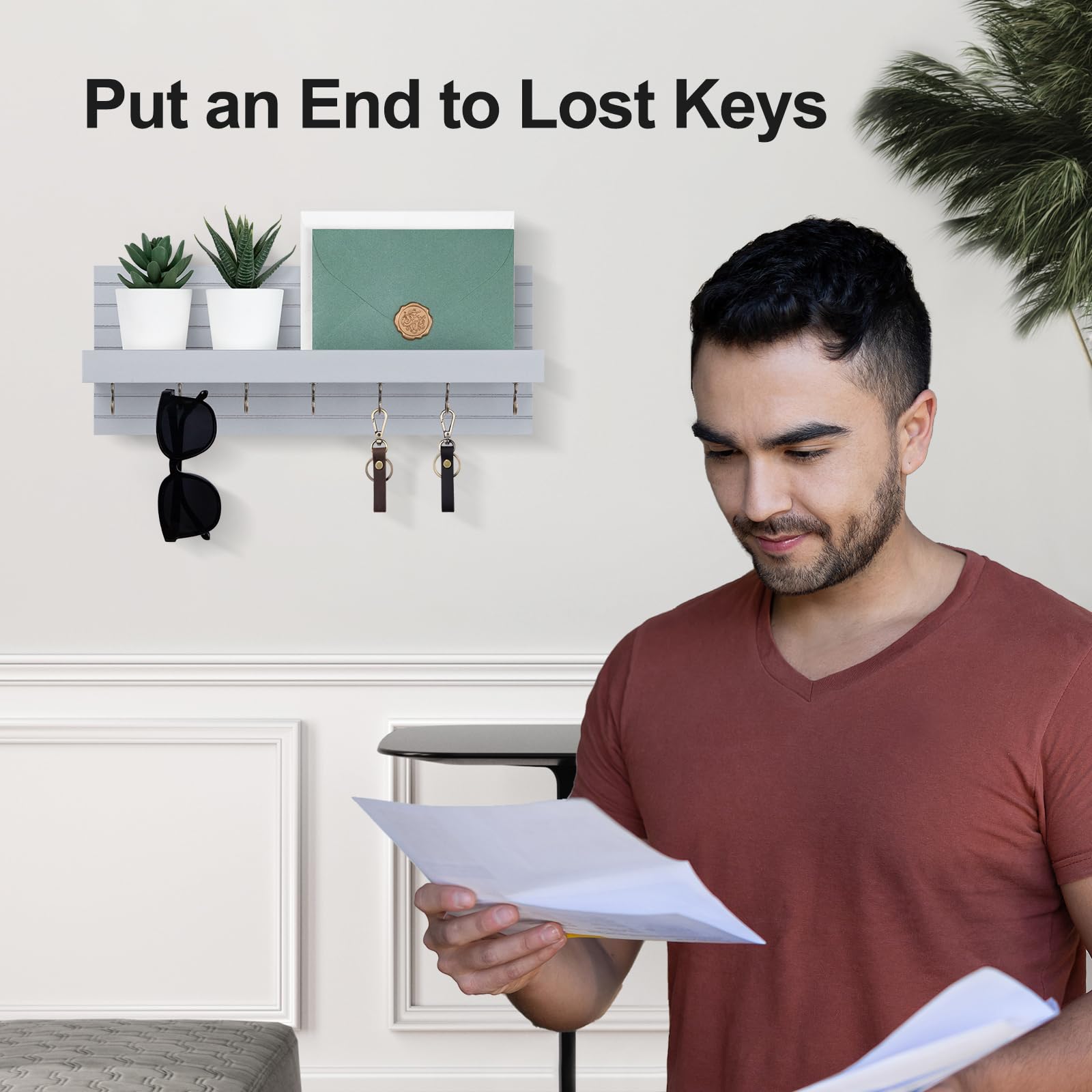Decorative Key Holder for Wall with Shelf, Entryway Shelf with Hooks Holds Leashes, Jackets and Glasses – Sturdy Wood Keyholder Entrance Hanger with Mounting Hardware (Black, Medium)