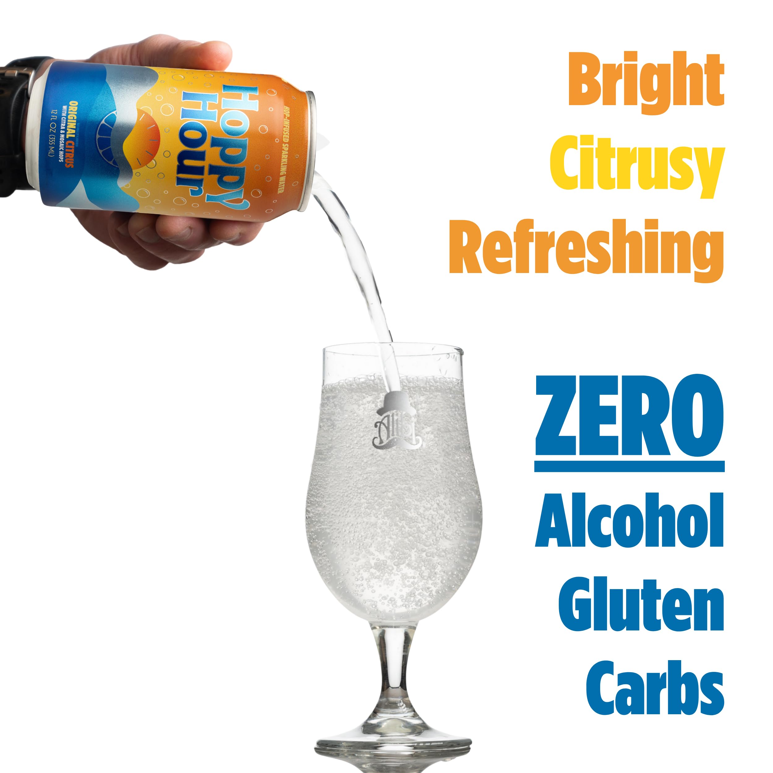 Hoppy Hour Sparkling Hop Water, Non-Alcoholic and Adaptogens Drink, Zero Sugar and Calories, Refreshing Original Citrus Flavor, 12 oz Cans (12-Pack)
