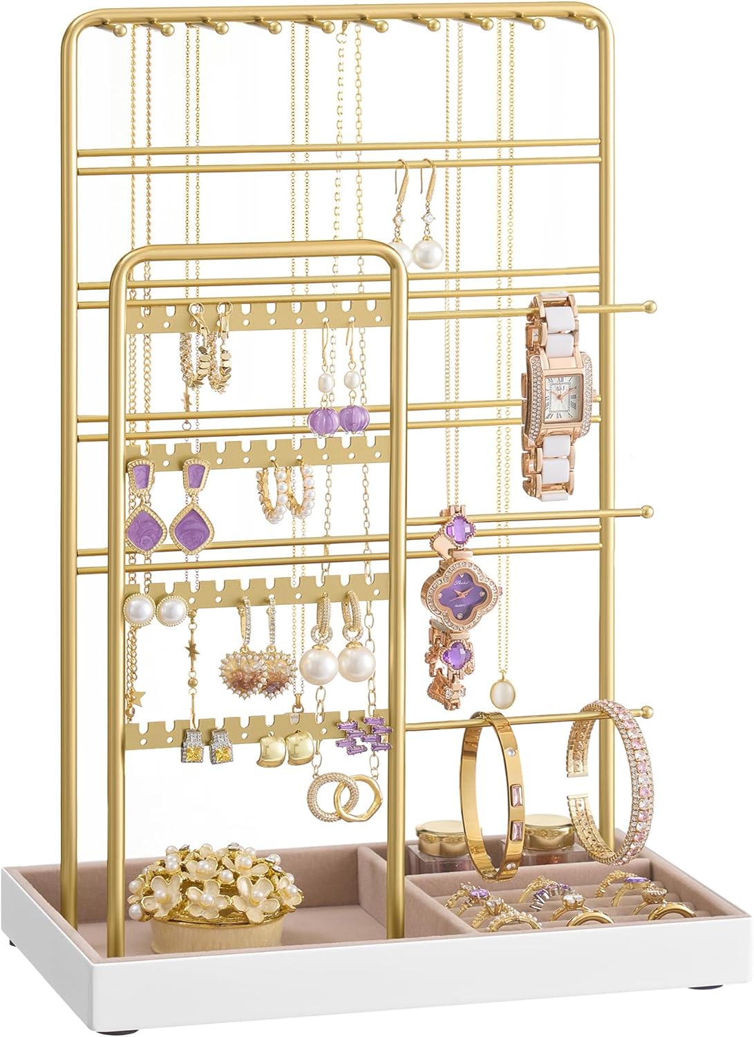 SONGMICS Jewelry Holder, Jewelry Organizer, Jewelry Display Stand with Metal Frame, Velvet Tray, Necklace Earring Bracelet Holder, for Studs, Rings, Gift Idea, Pale Gold UJJS028A01