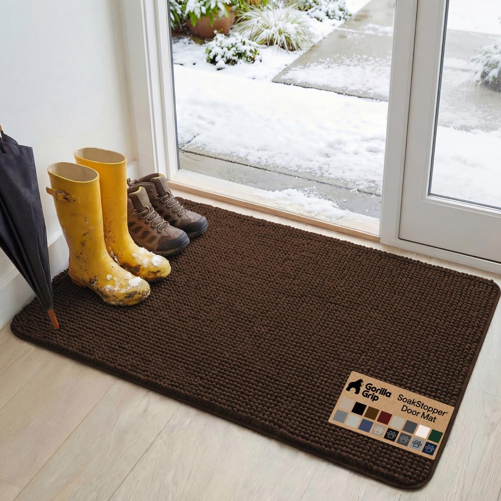 GORILLA GRIP SoakSTOPPER Dog Door Mat, Machine Washable Rug Absorbent Doormat Captures Moisture Mud Dirt, Quick Dry Soft Chenille Entryway Rugs Indoor Entrance Mats for Dog Paws, 24x17 Grey