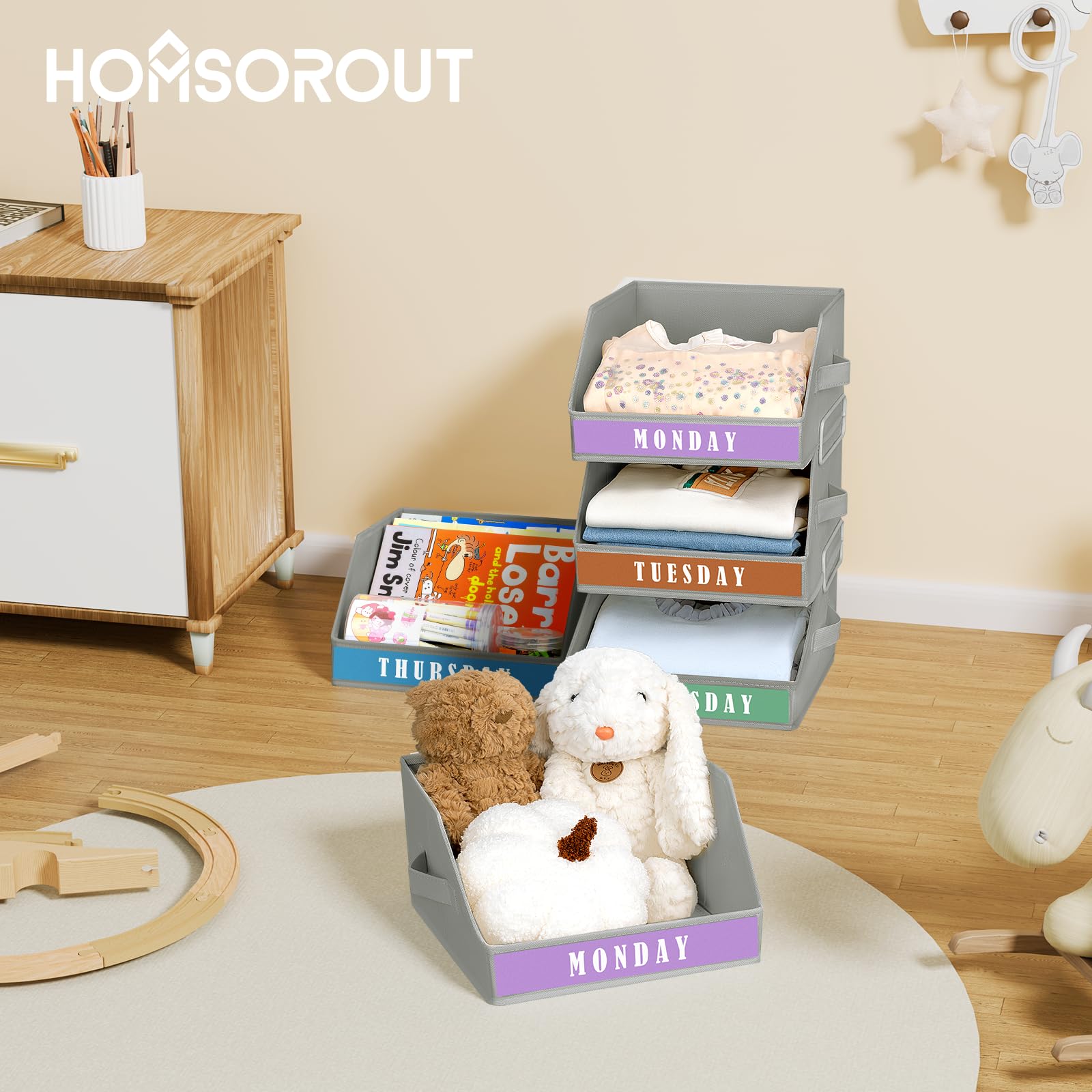 Homsorout Closet Organizers and Storage - 5 Tier Shelf Organizer with Weekly Labels, Stackable Storage Bins with Metal Frame, Foldable Cube Bins, Home Baskets for Kids and Adults, Beige