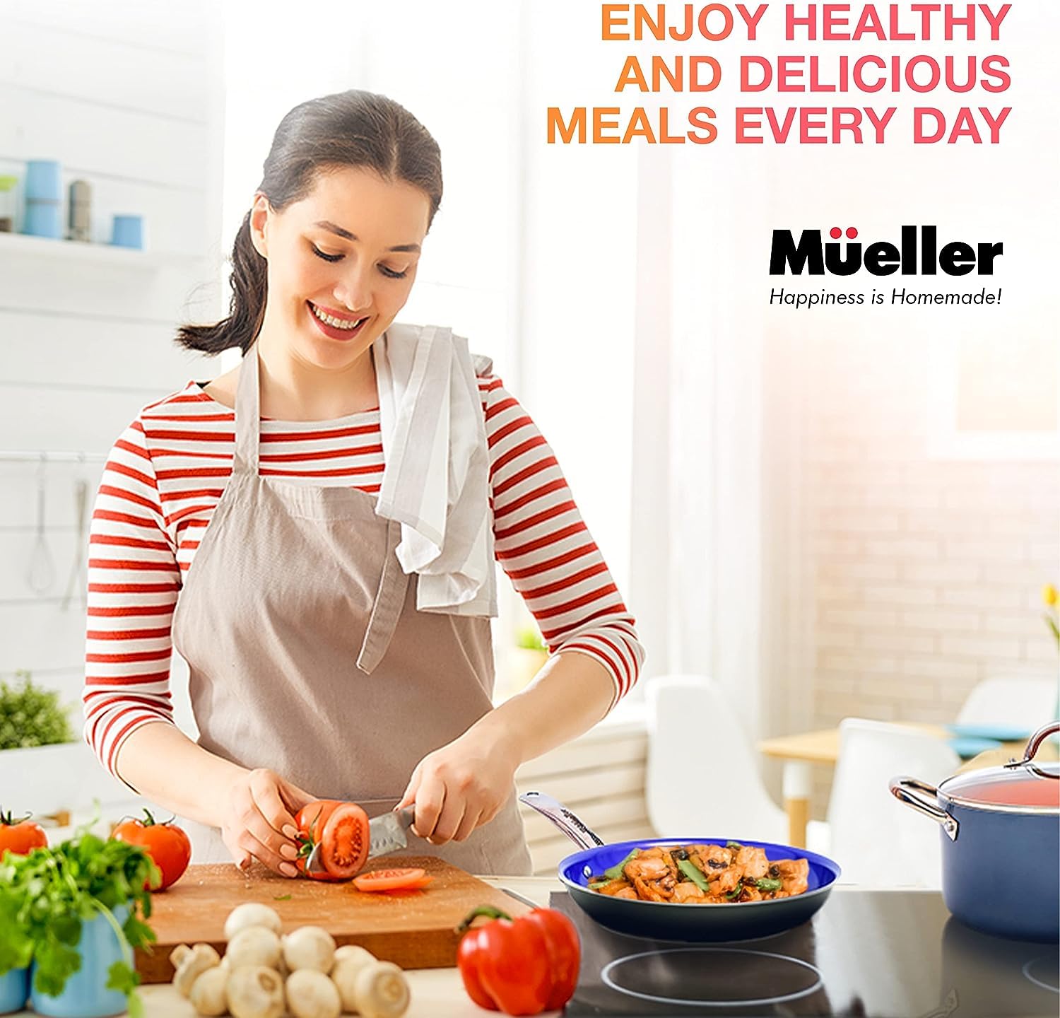 Mueller Pots and Pans Set 17-Piece, Ultra-Clad Pro Stainless Steel Cookware Set, Ergonomic EverCool Handle, Induction Cookware, Includes Saucepans, Skillets, Dutch Oven, Stockpot, Steamer For Cooking