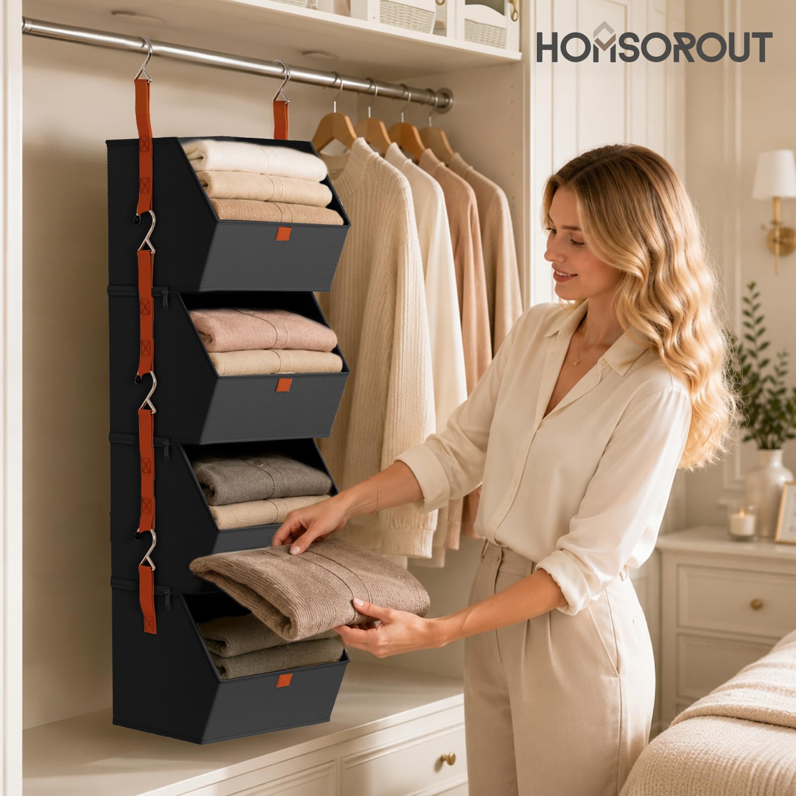 Homsorout Hanging Closet Organizer 4 Tier - Clothes Hanging Shelves, Space-Saving Closet System, Fabric Storage Bins Bedroom Organization, Collapsible Baskets for Home, Dorm, Rv, Beige